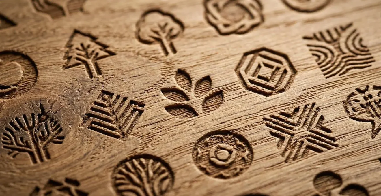 Gros plan sur des logos de certification PEFC et FSC gravés dans du bois français