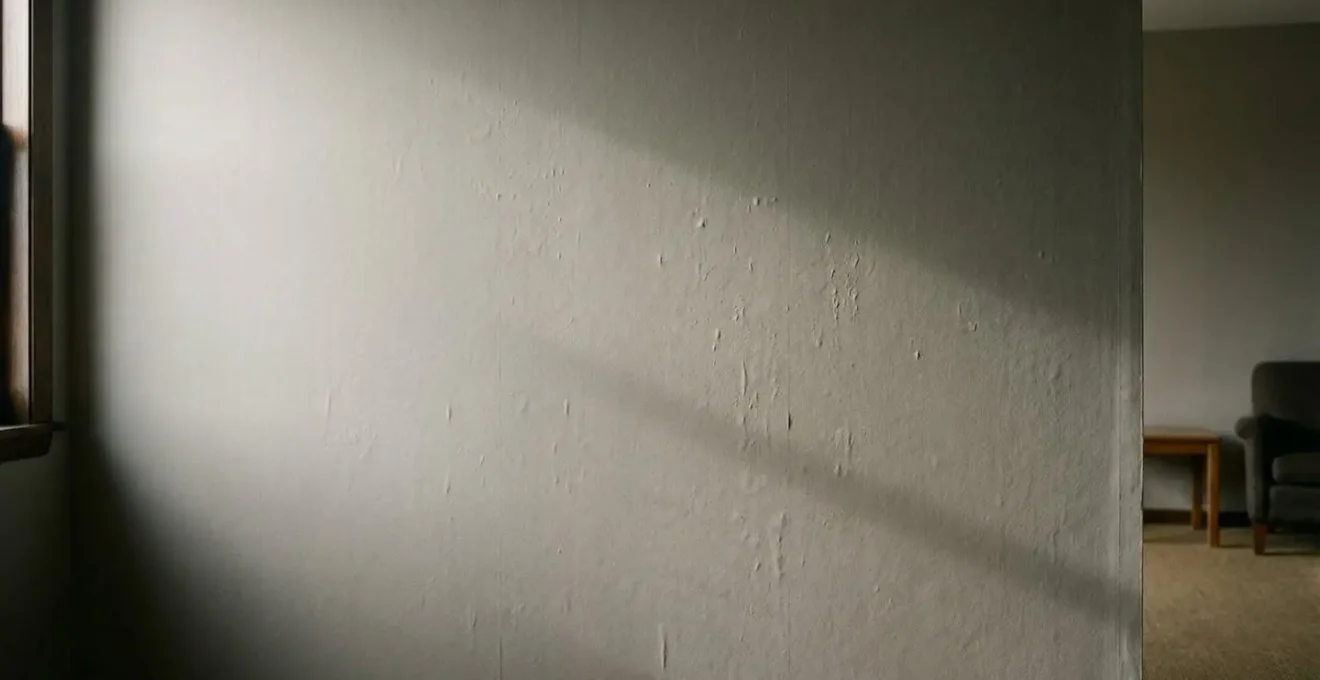 Vue latérale d'un mur avec lumière rasante révélant les imperfections sous papier peint intissé mat