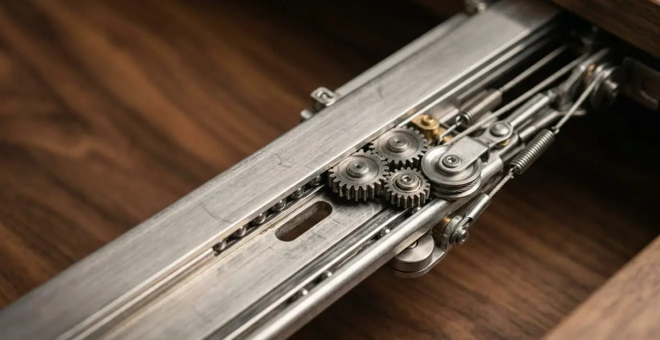 Gros plan sur un mécanisme papillon synchronisé en acier d'une table extensible