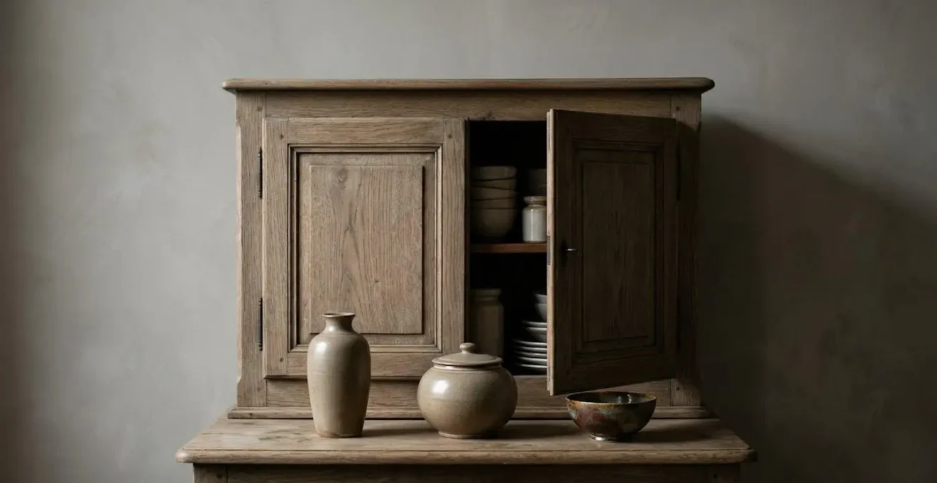 Confiturier vintage français entrouvert révélant une collection d'objets déco soigneusement organisés
