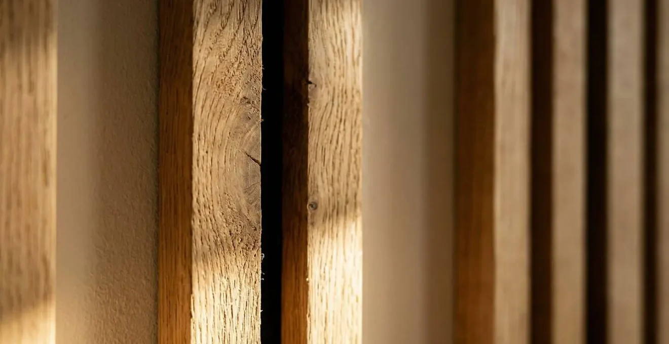 Grand mur avec tasseaux de bois verticaux et éclairage rasant créant des ombres douces