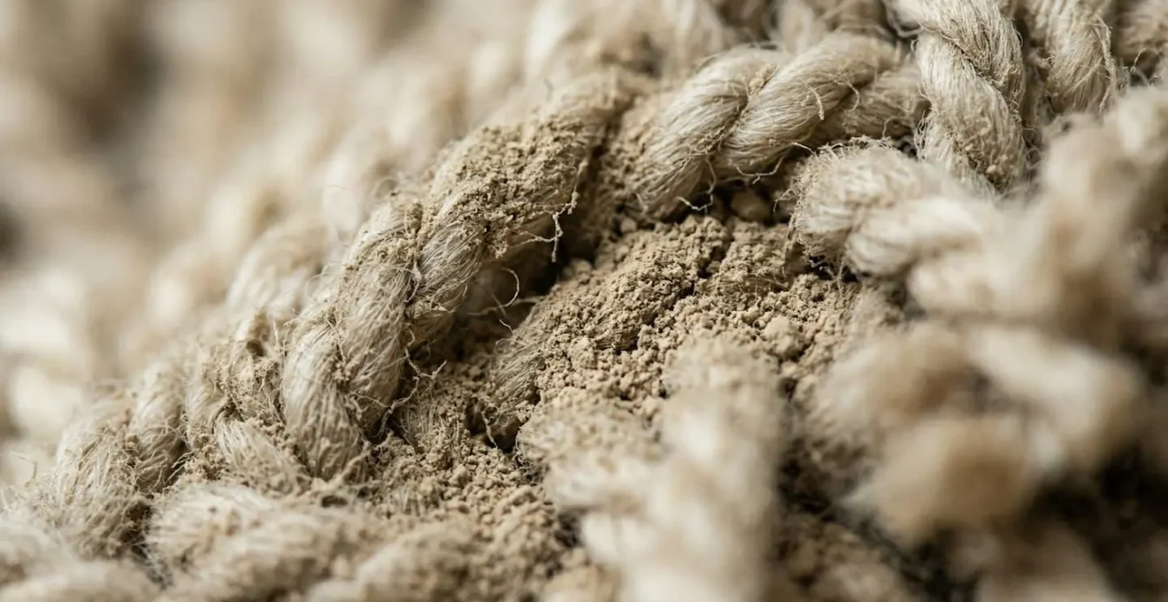 Gros plan sur de la poudre de Terre de Sommières appliquée sur les fibres d'un tapis en laine