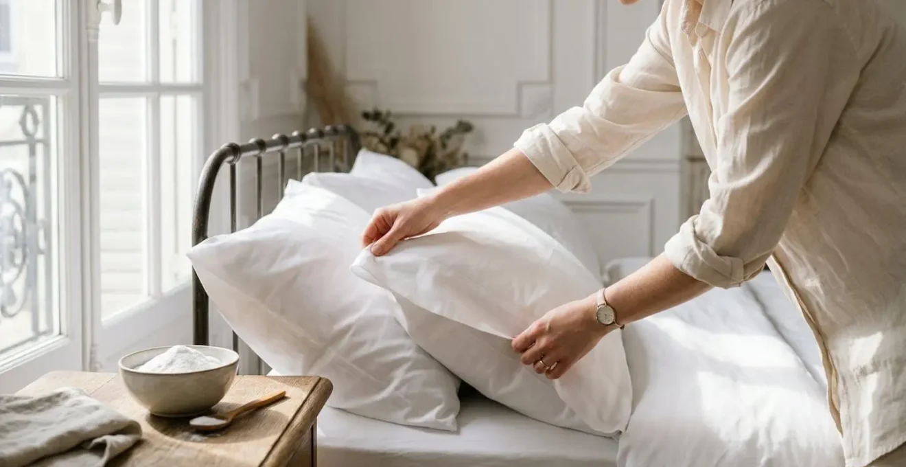 Oreillers en percale blanche éclatante sur lit avec lumière naturelle filtrant par la fenêtre