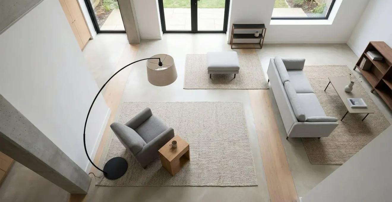Vue aérienne d'un salon montrant le positionnement optimal d'un lampadaire arc avec zones de sécurité marquées