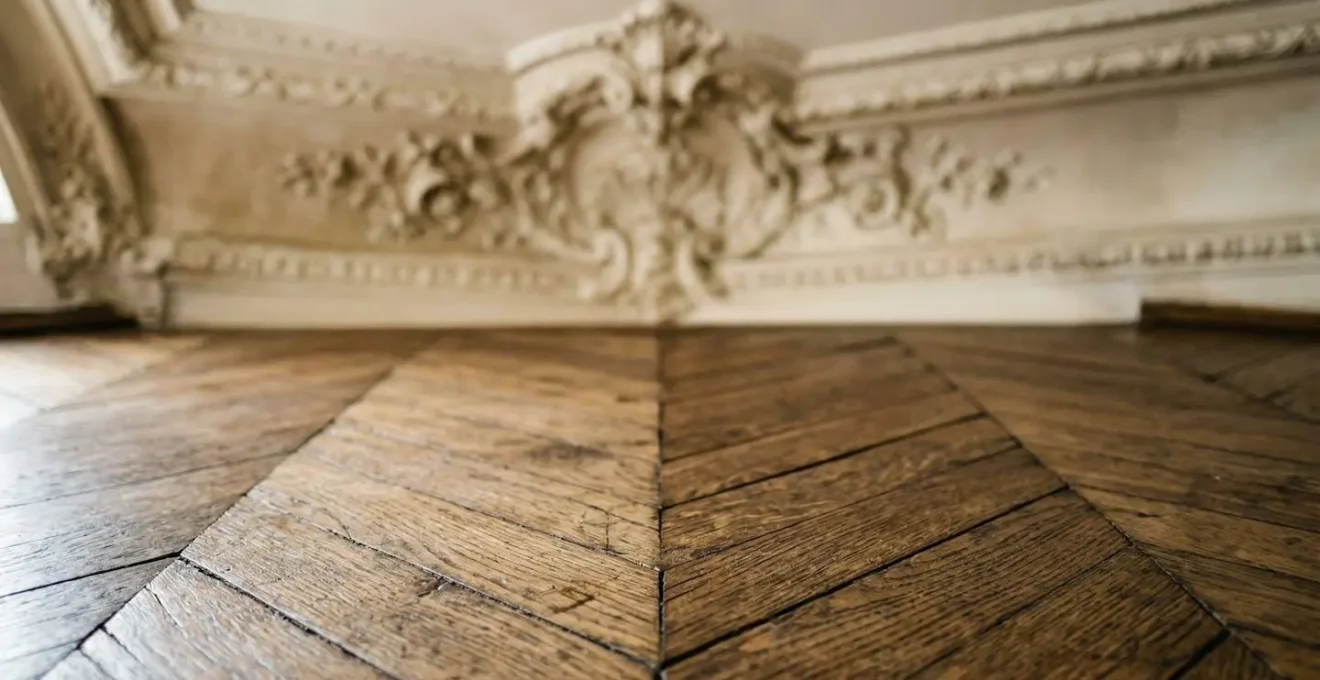 Détail d'un parquet point de Hongrie avec moulures décoratives dans un appartement haussmannien
