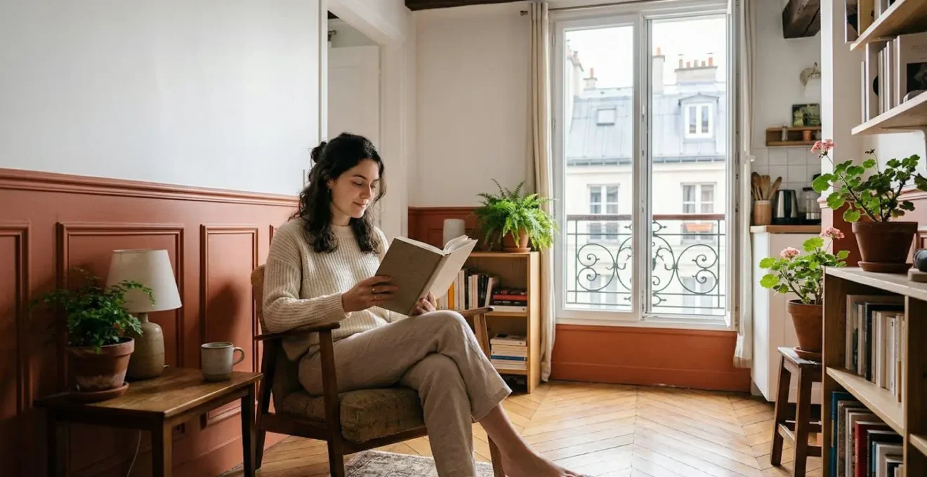 Studio parisien avec soubassement terracotta et murs clairs