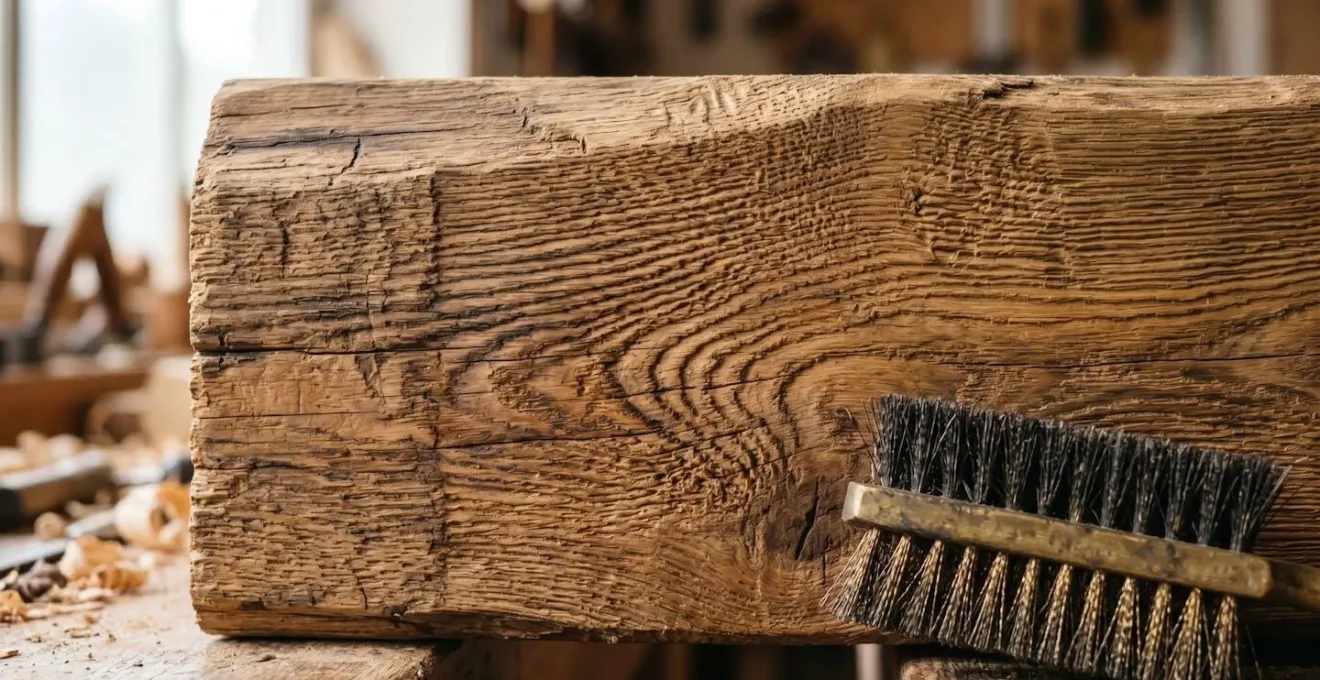 Poutre en bois brut avec texture naturelle après brossage manuel sélectif