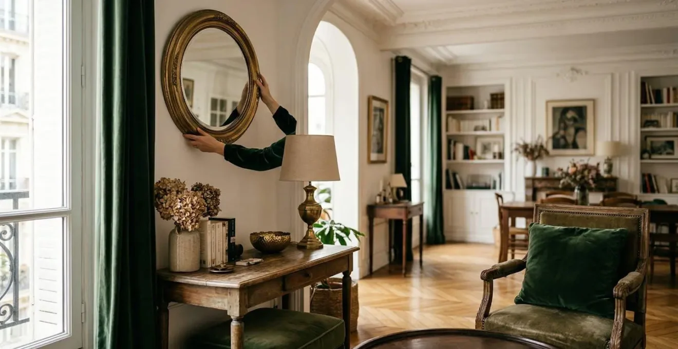Salon parisien montrant trois rappels visuels de laiton dans différents objets décoratifs