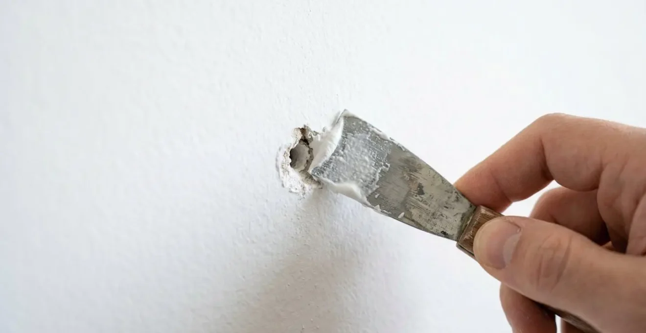 Gros plan d'une main appliquant de l'enduit de rebouchage sur un petit trou dans un mur blanc avec spatule