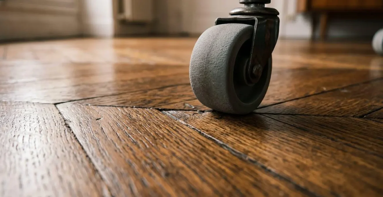 Gros plan sur des roulettes en gomme tendre sur un parquet ancien en point de Hongrie