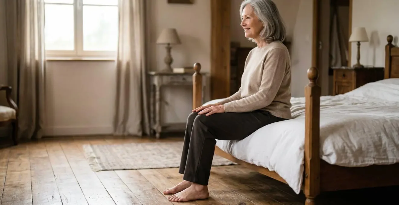 Personne senior assise au bord d'un lit montrant l'angle des genoux à 90 degrés