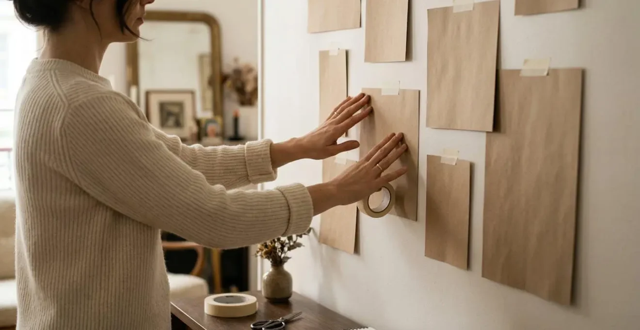 Simulation d'accrochage de cadres avec du papier kraft sur un mur