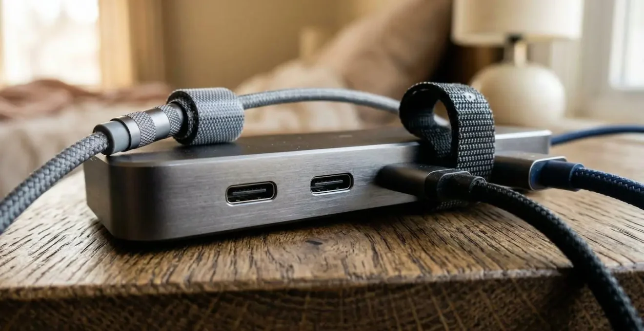 Station de charge multi-ports avec câbles organisés sur une table de nuit moderne