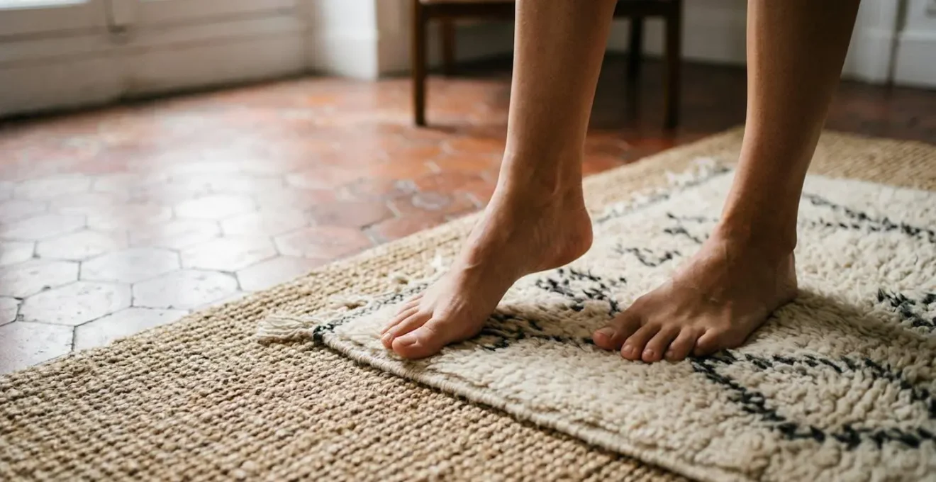 Vue aérienne de tapis superposés dans un salon avec sol carrelé, montrant la technique du cadre décoratif