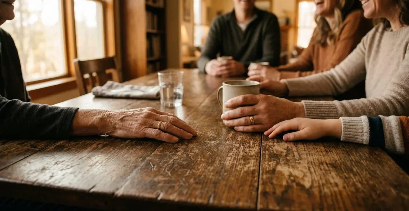 Portrait émotionnel d'une famille multigénérationnelle autour d'une table en chêne patinée