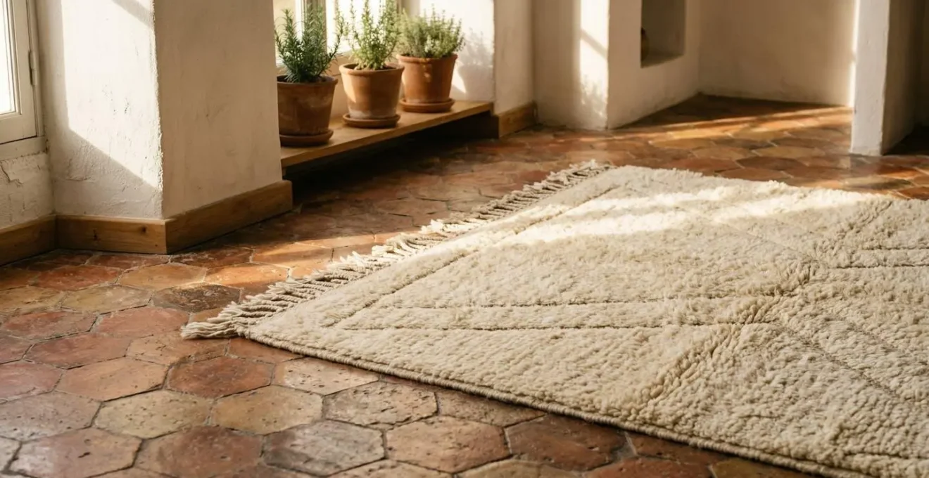 Tapis berbère en laine sur carrelage méditerranéen ancien avec lumière naturelle rasante