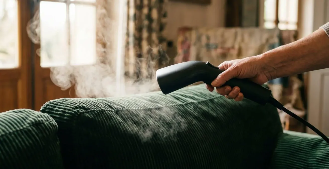 Main tenant un défroisseur vapeur au-dessus d'un canapé velours côtelé