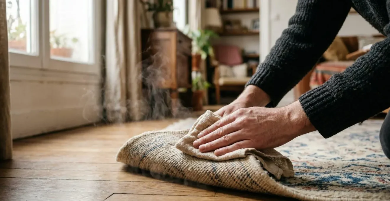 Technique de relaxation à la vapeur sur le coin d'un tapis en laine