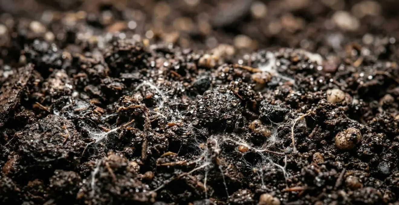 Vue macro du terreau humide montrant le développement de micro-organismes et de filaments de moisissures.