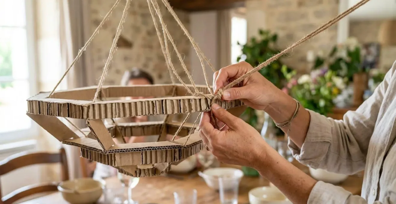 Personne testant un gabarit en carton suspendu au-dessus d'une table pour vérifier les proportions du futur lustre