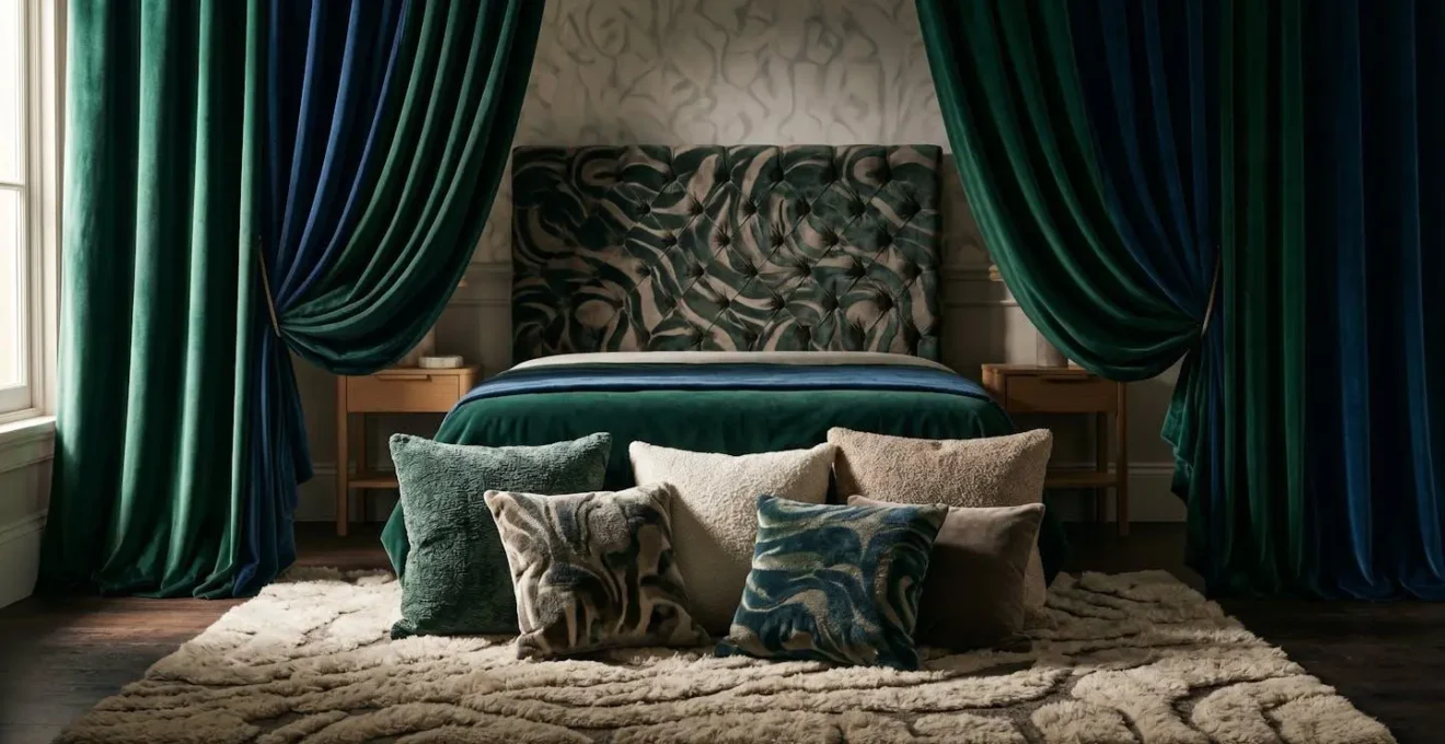 Rideaux épais en velours et textiles acoustiques dans une chambre d'amis française élégante