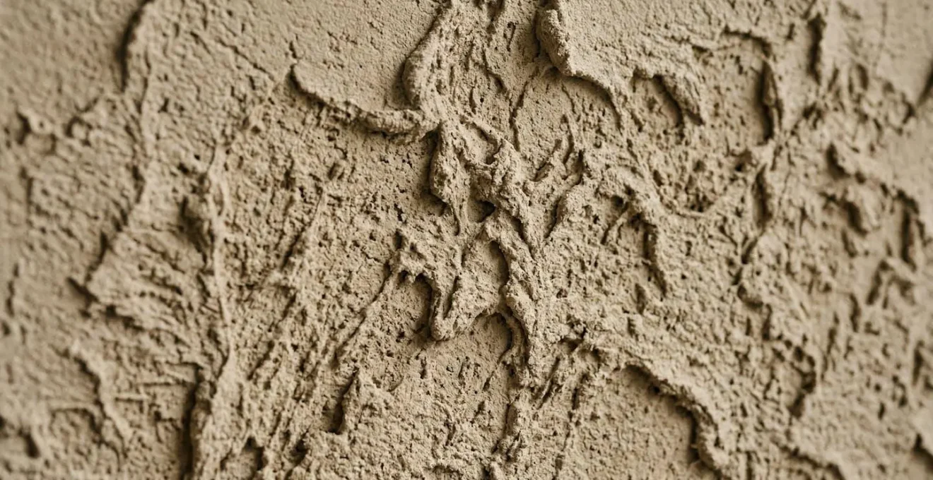 Gros plan sur un mur beige texturé avec enduit à la chaux créant des motifs organiques