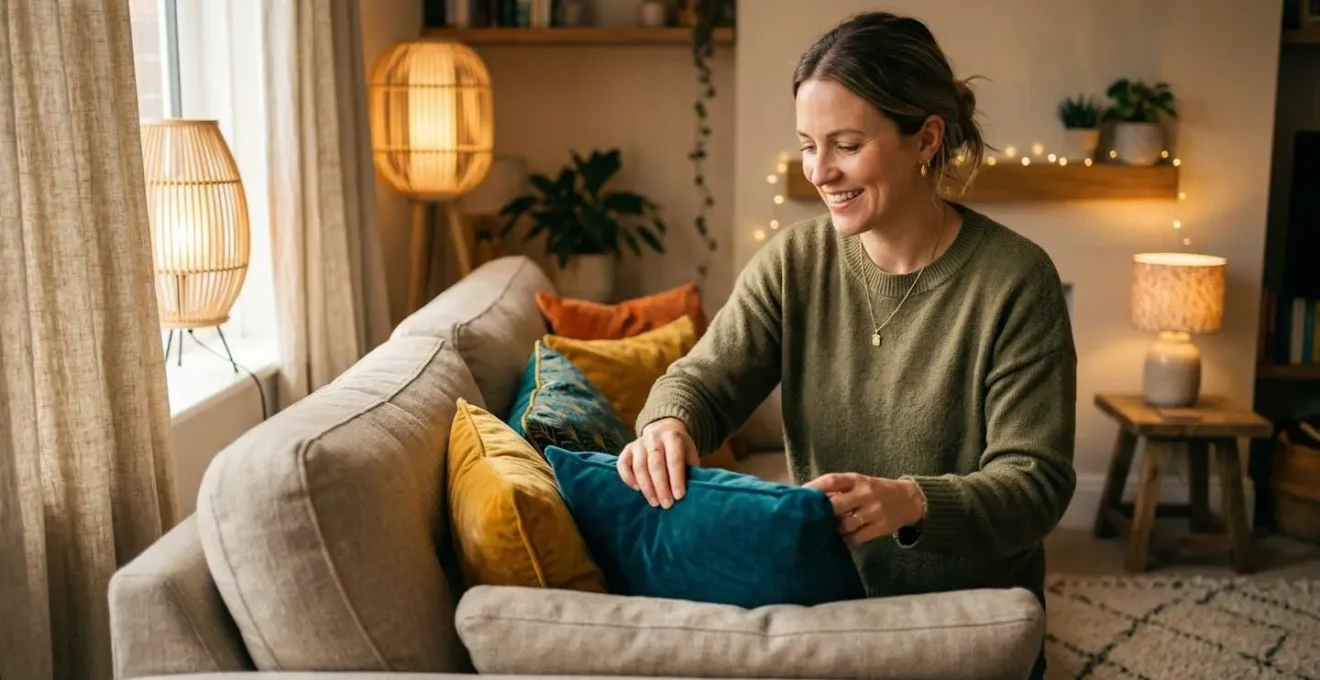 Salon avant-après avec nouveaux textiles colorés et éclairage d'ambiance créant une atmosphère chaleureuse