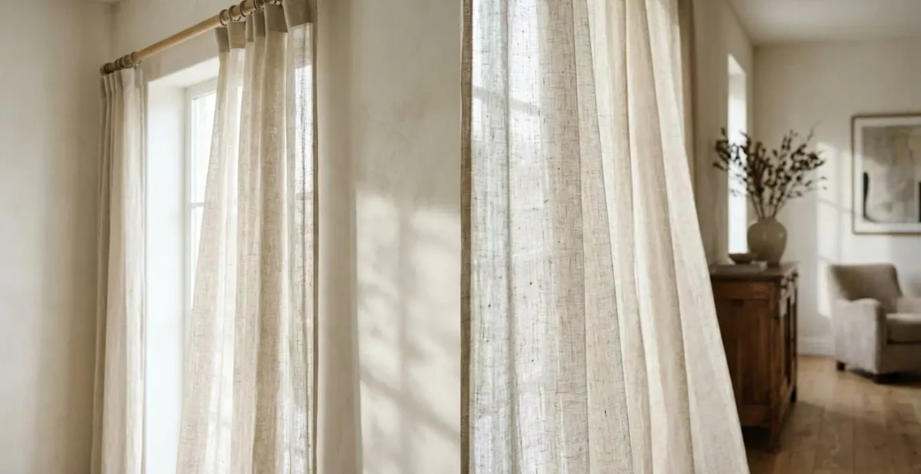 Voilages en lin français diffusant doucement la lumière du nord dans un salon